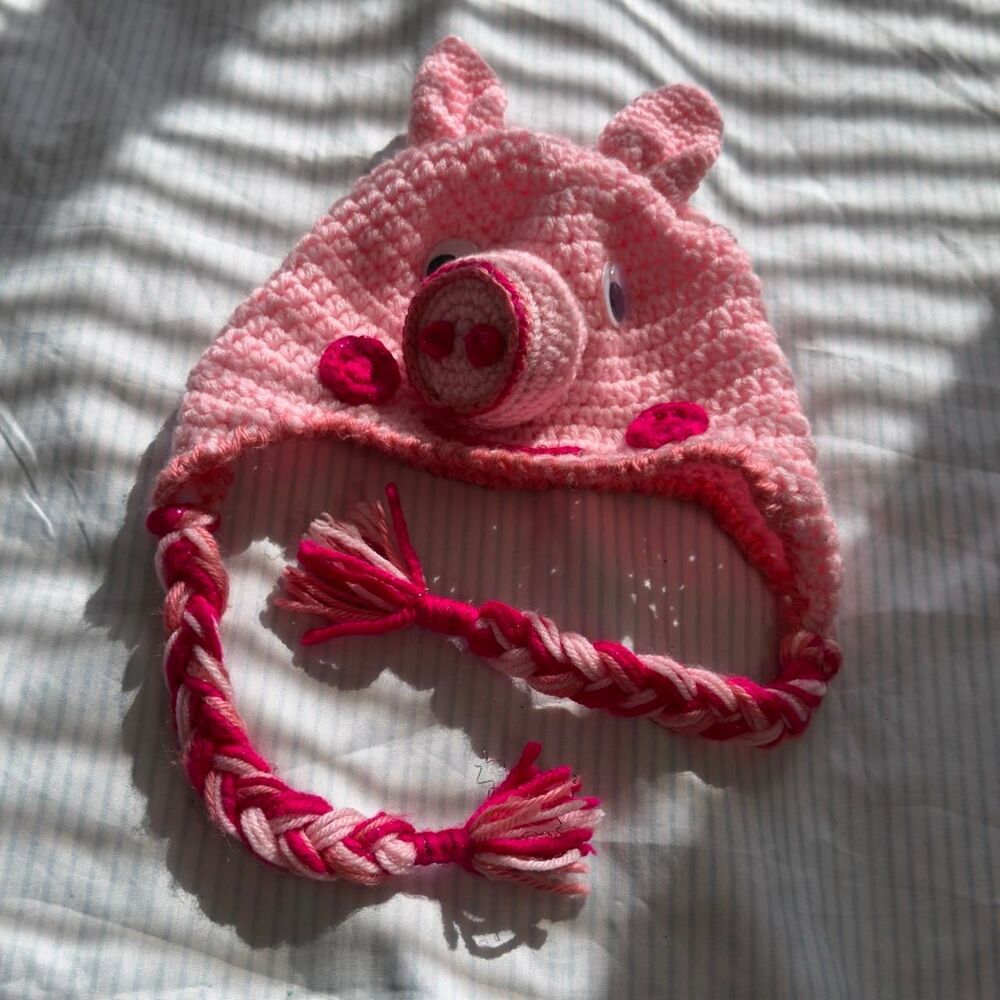 Handmade Crochet Peppa Pig Earflap Beanie Hat with Braids and Googly Eyes